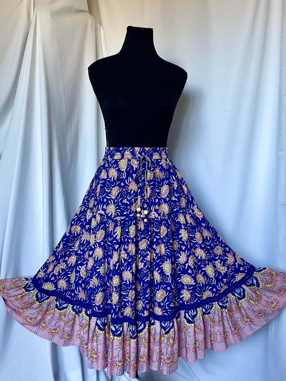 NEW Boho Garden Floral Tiered Maxi Skirt Sz S Blue Pink Crochet Eyelet Festival